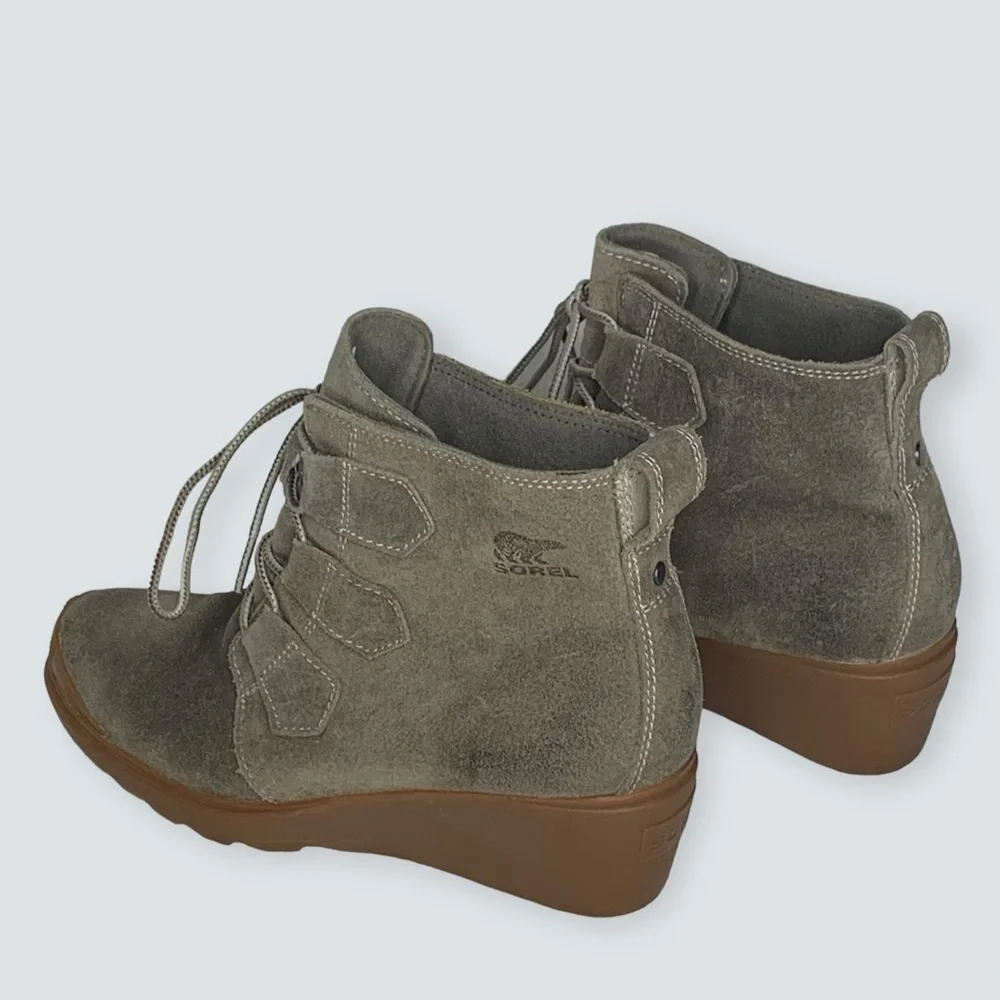 Sorel Wedges in Taupe Suede with Gum Soles